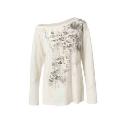 NO ROMANCE Oversized Punk Print Off-Shoulder Long Sleeve T-Shirt