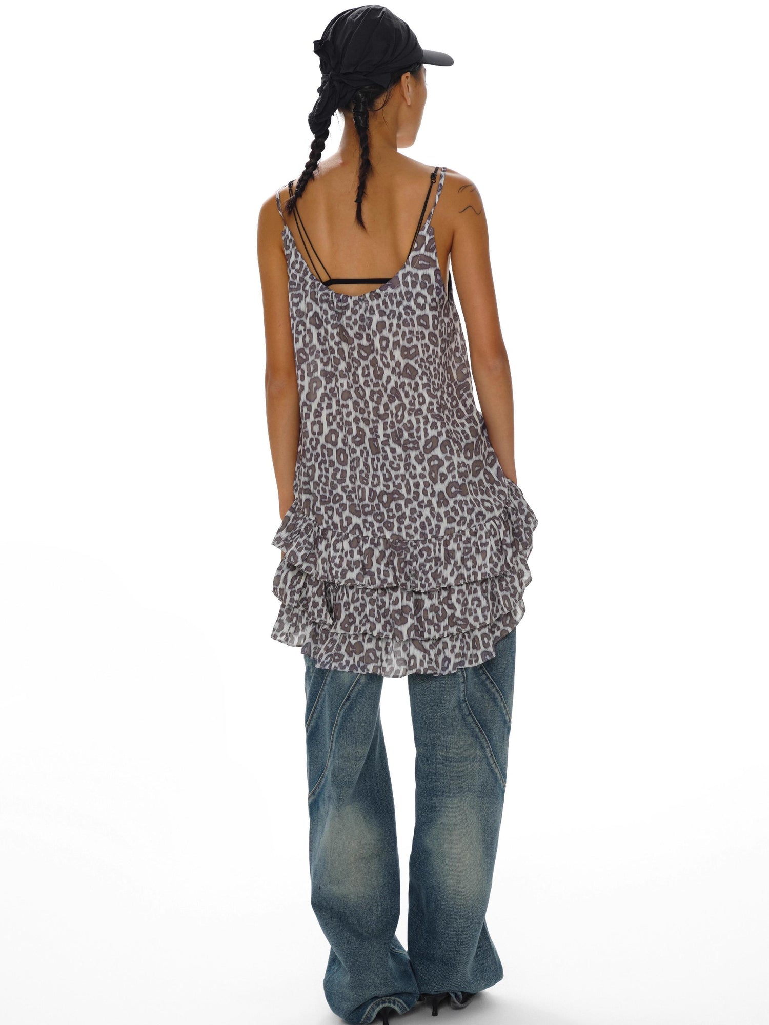 Adjustable Strap Leopard Print Slip Dress With Flounce Hem