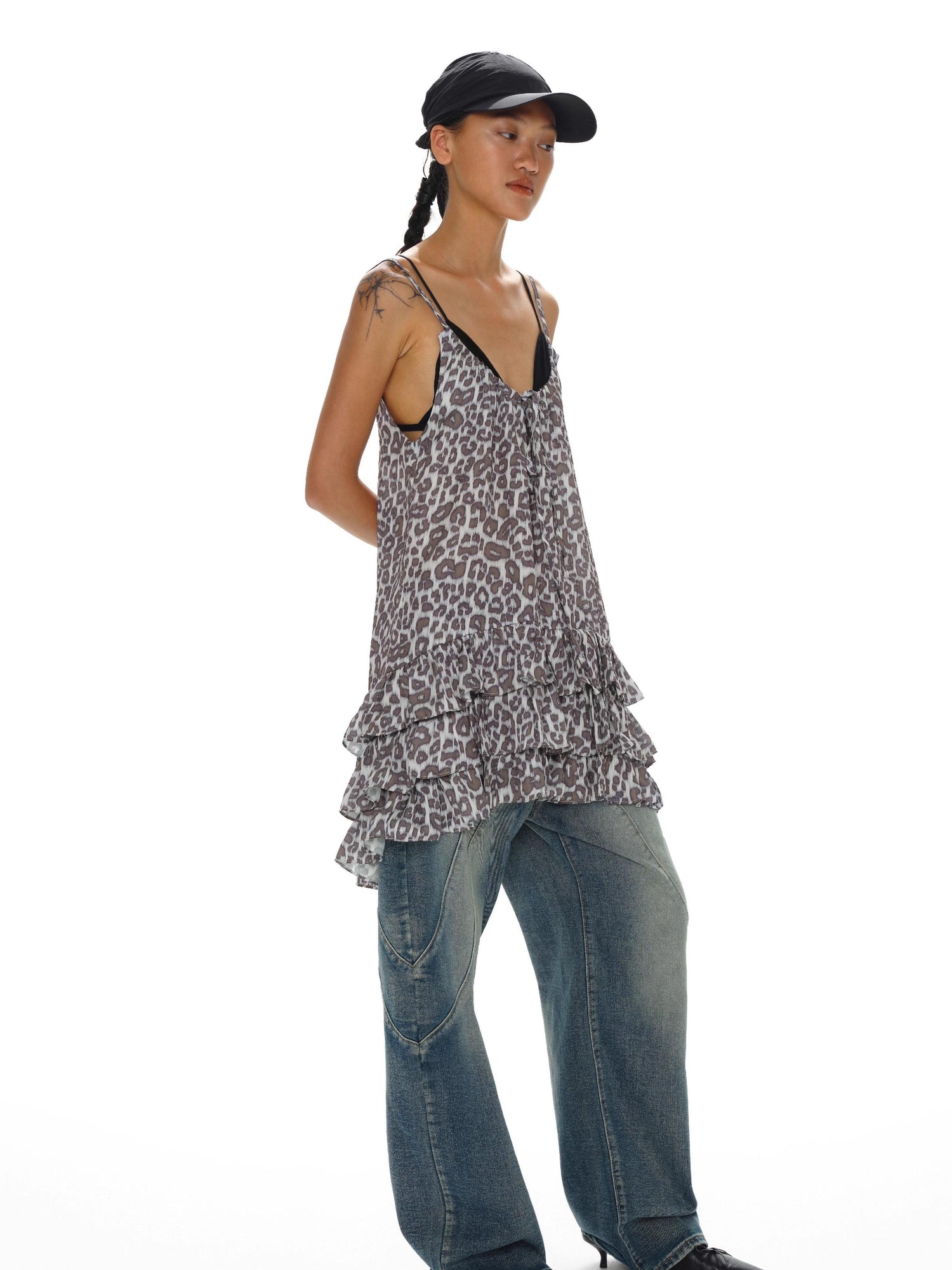 Adjustable Strap Leopard Print Slip Dress With Flounce Hem