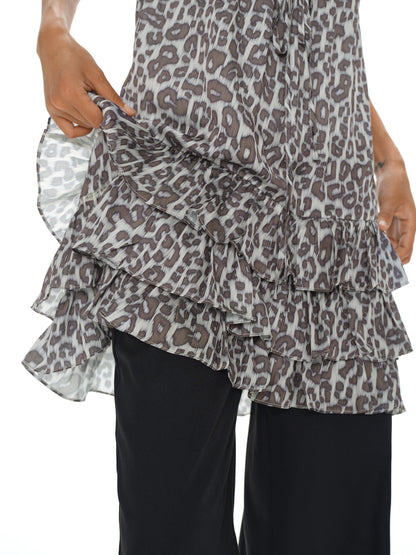 Adjustable Strap Leopard Print Slip Dress With Flounce Hem