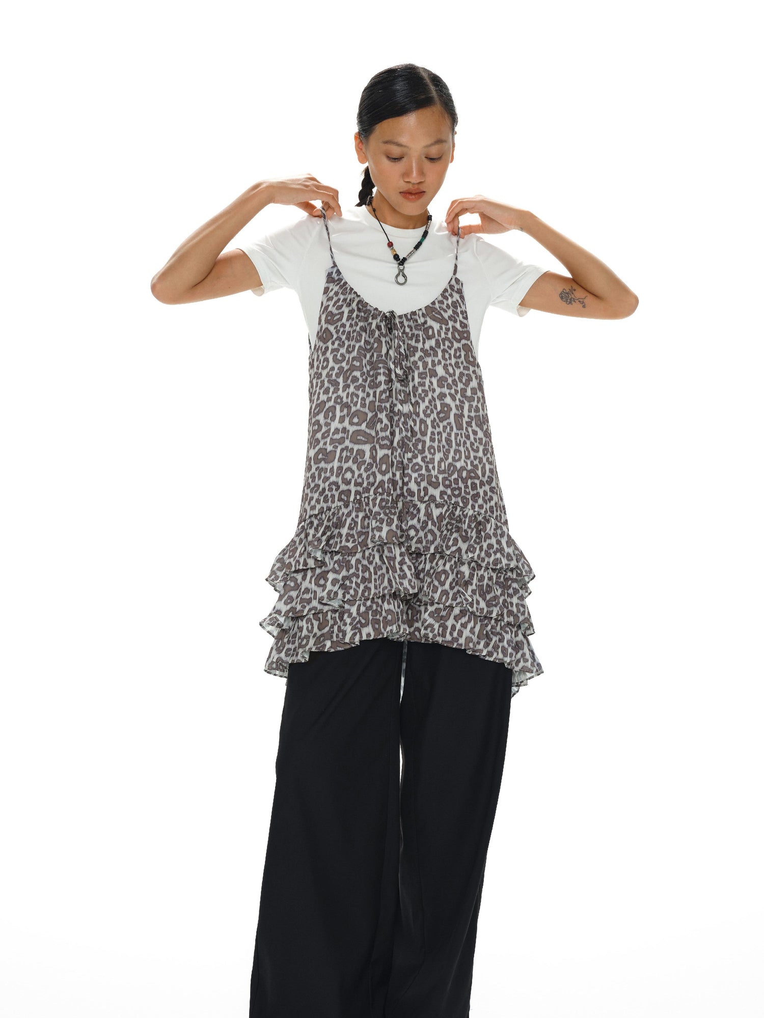 Adjustable Strap Leopard Print Slip Dress With Flounce Hem