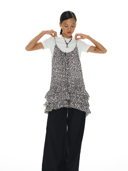 Adjustable Strap Leopard Print Slip Dress With Flounce Hem