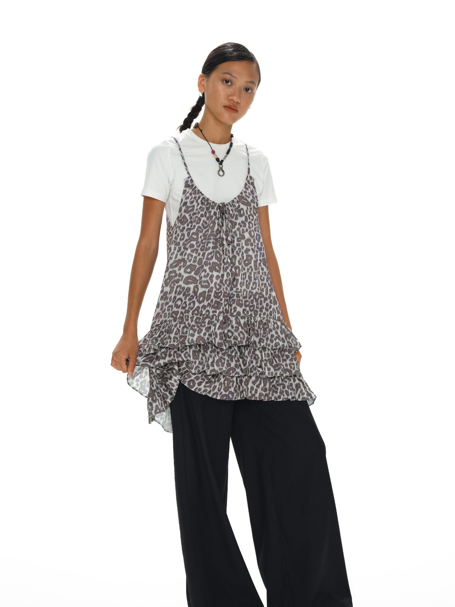 Adjustable Strap Leopard Print Slip Dress With Flounce Hem