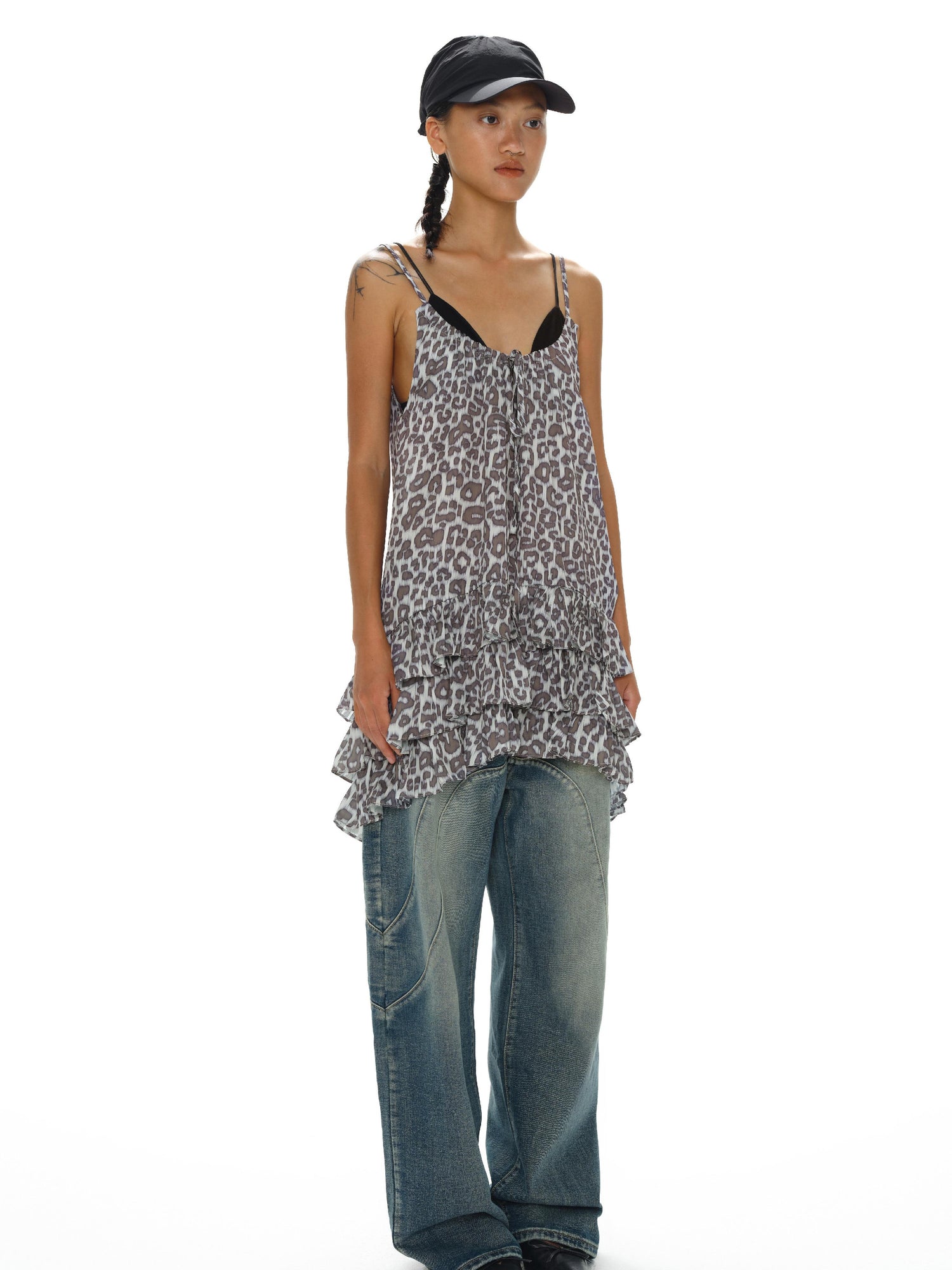 Adjustable Strap Leopard Print Slip Dress With Flounce Hem