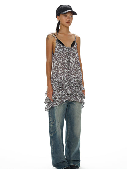 Adjustable Strap Leopard Print Slip Dress With Flounce Hem
