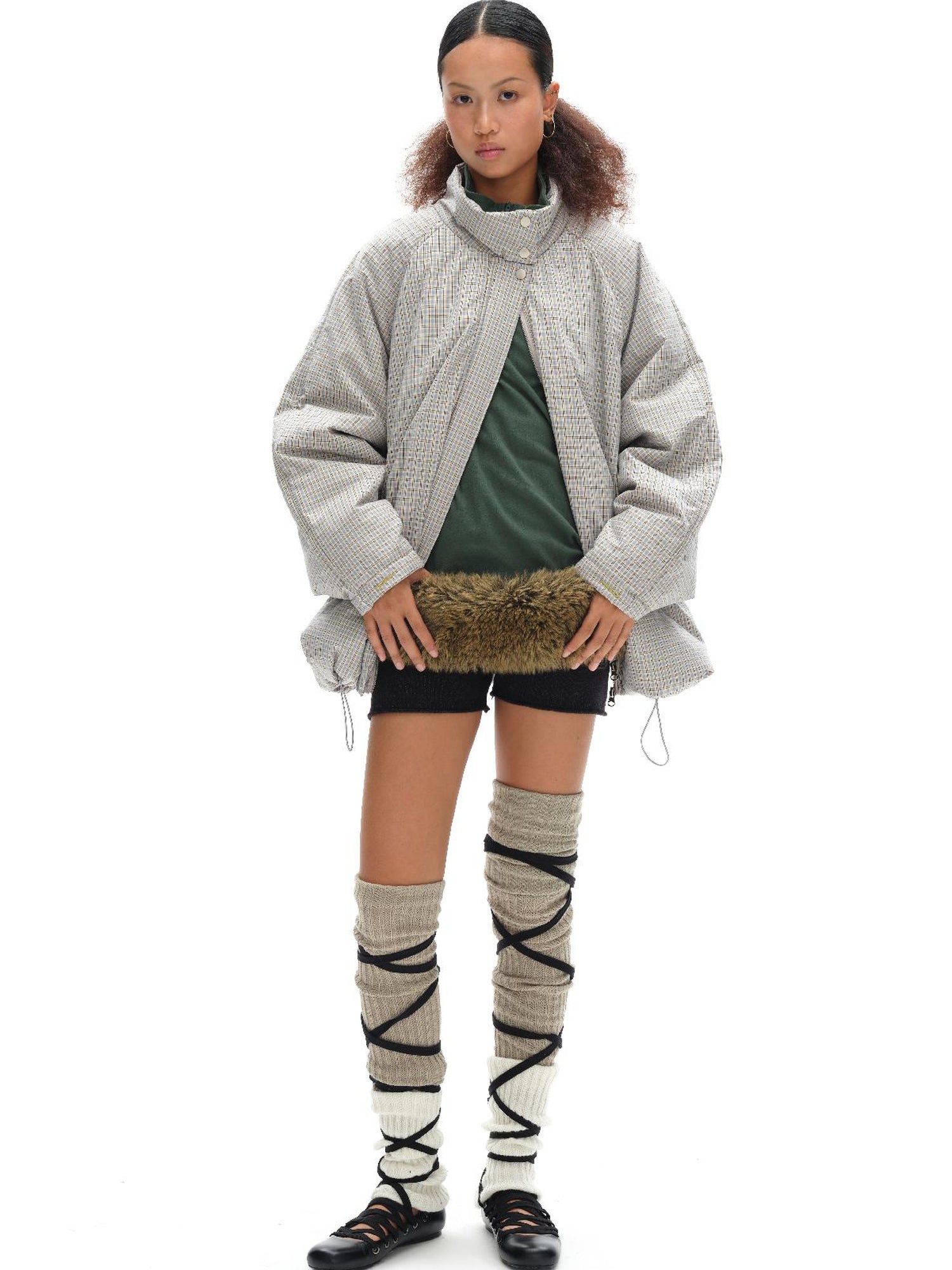 oinimi Airy Blue Check Puff Cotton Coat