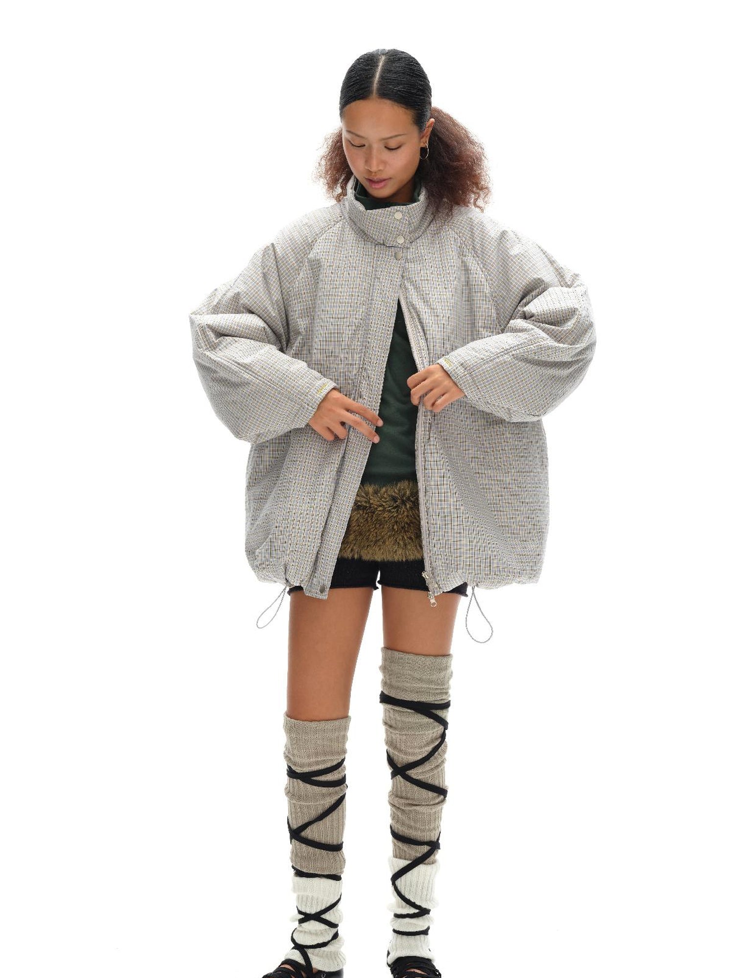 oinimi Airy Blue Check Puff Cotton Coat