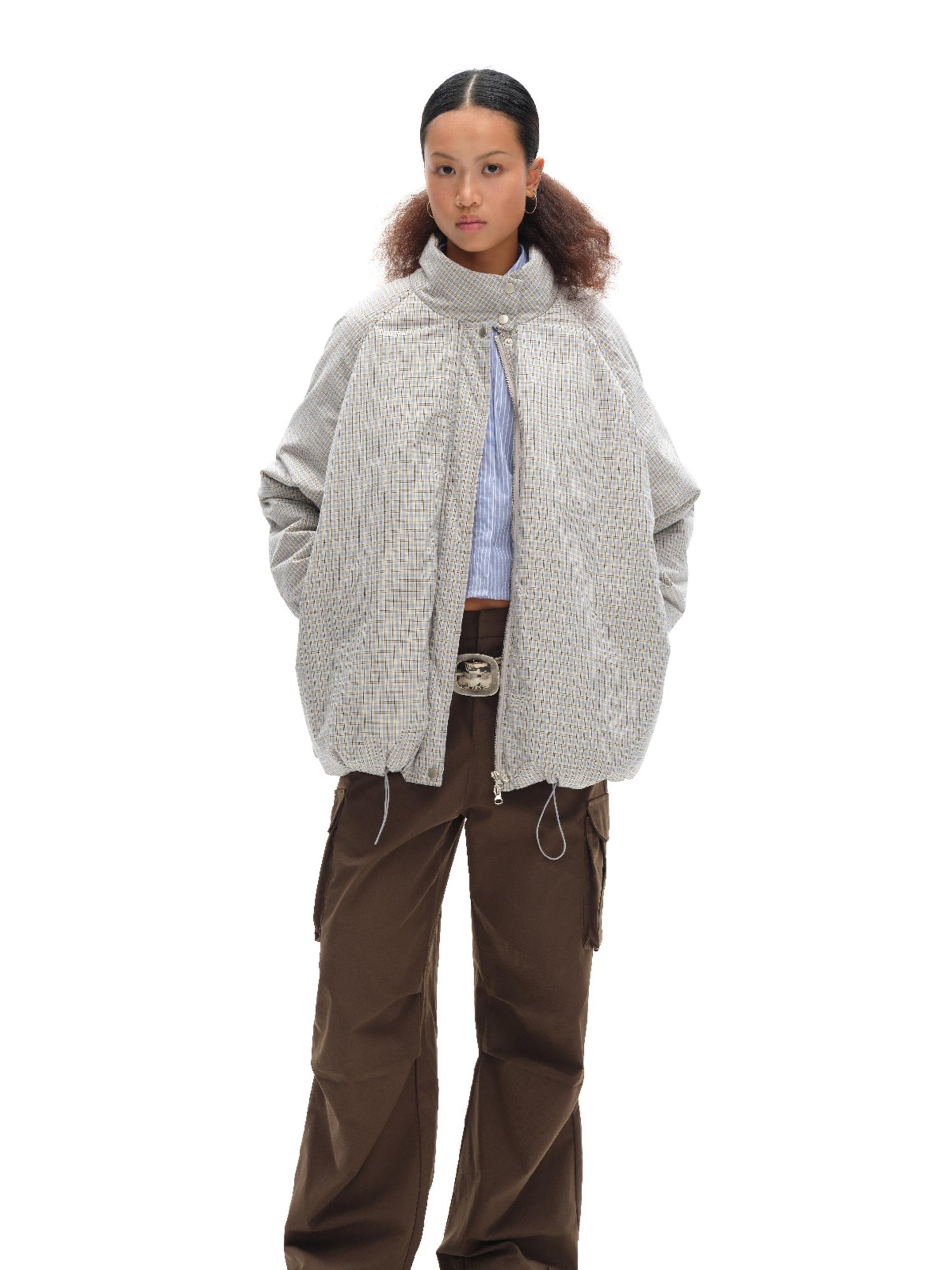 oinimi Airy Blue Check Puff Cotton Coat