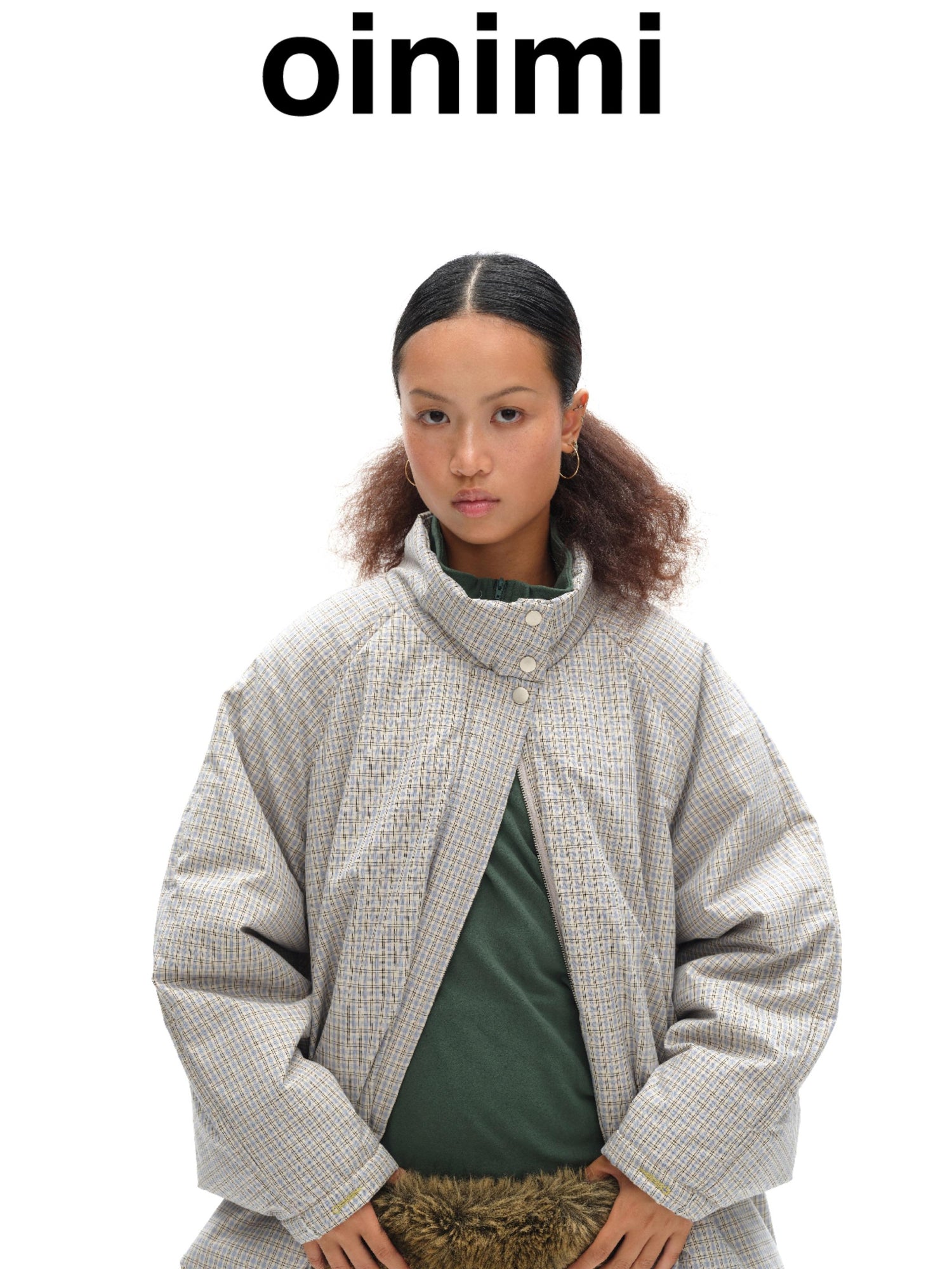 oinimi Airy Blue Check Puff Cotton Coat