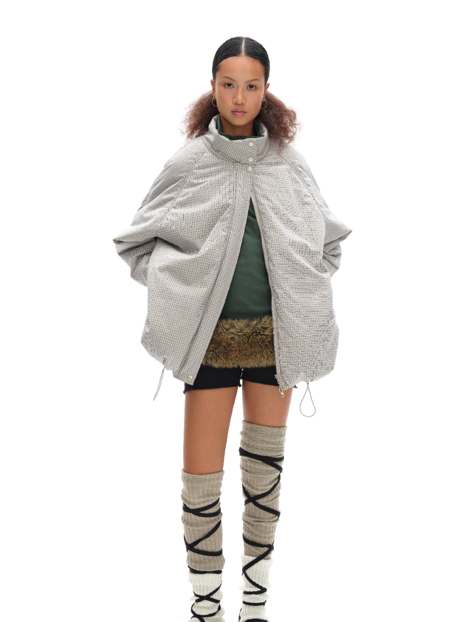 oinimi Airy Blue Check Puff Cotton Coat