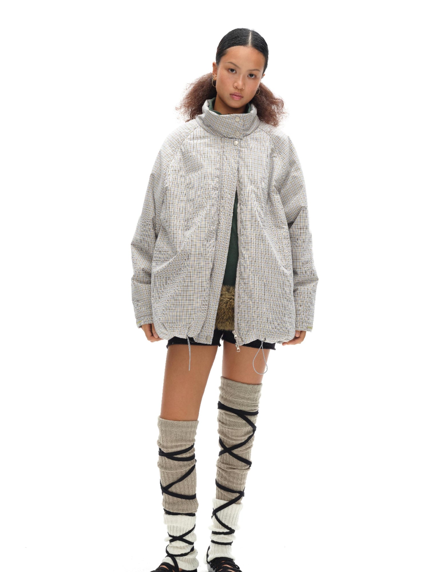 oinimi Airy Blue Check Puff Cotton Coat
