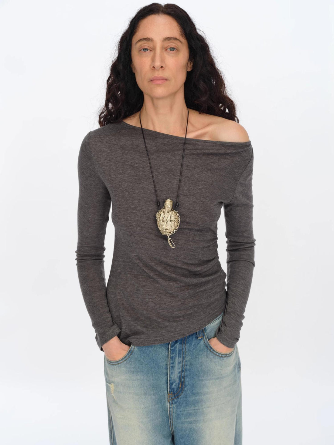 oinimi Asymmetric Ruffle Sleeve Top In Black Gray Oatmeal