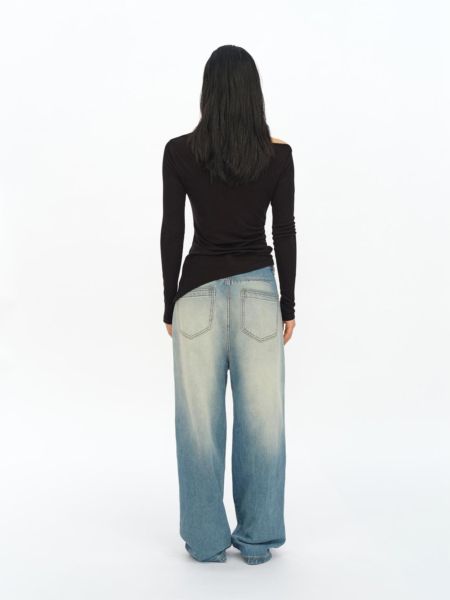 oinimi Asymmetric Ruffle Sleeve Top In Black Gray Oatmeal