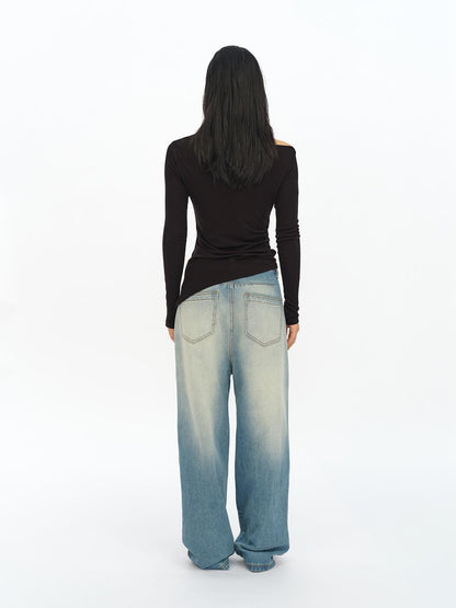 oinimi Asymmetric Ruffle Sleeve Top In Black Gray Oatmeal