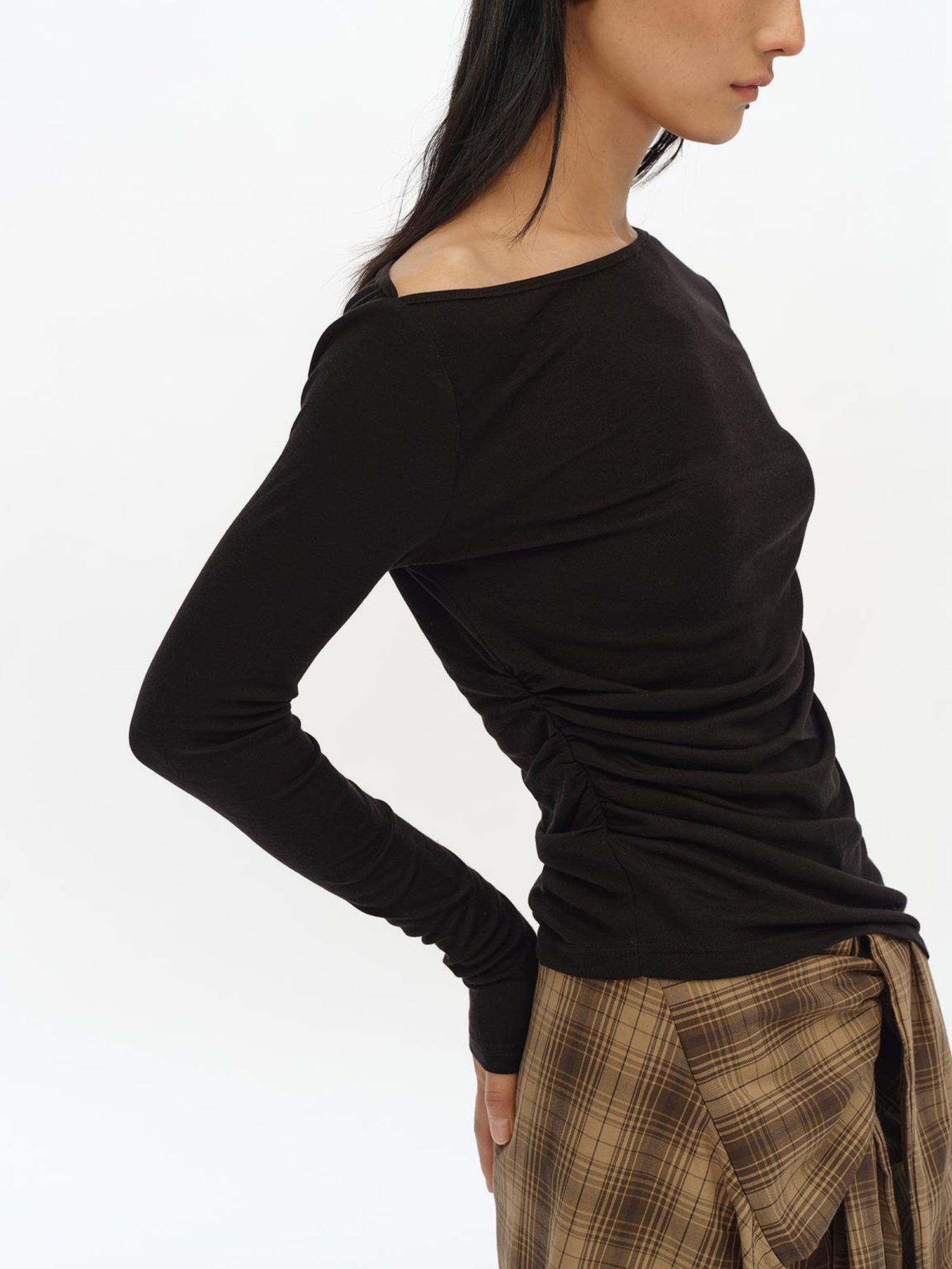 oinimi Asymmetric Ruffle Sleeve Top In Black Gray Oatmeal