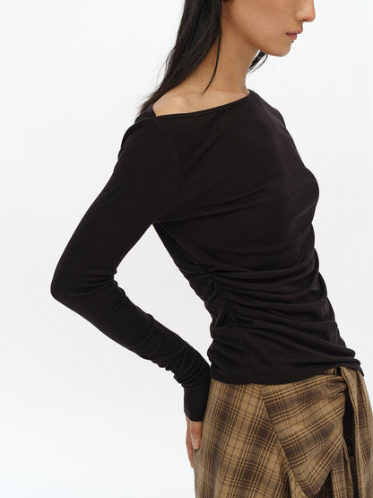 oinimi Asymmetric Ruffle Sleeve Top In Black Gray Oatmeal