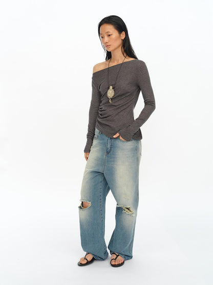 oinimi Asymmetric Ruffle Sleeve Top In Black Gray Oatmeal