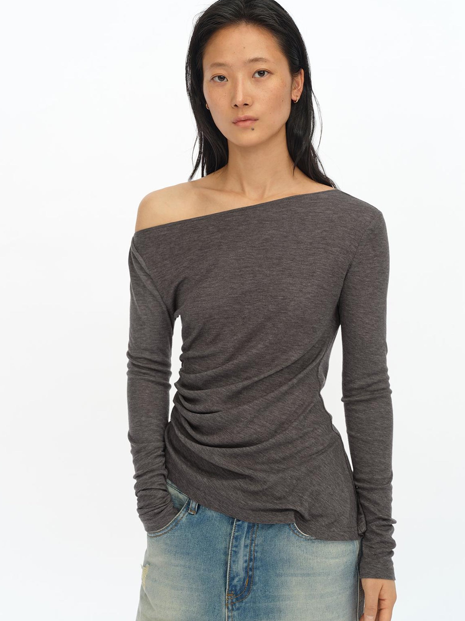 oinimi Asymmetric Ruffle Sleeve Top In Black Gray Oatmeal