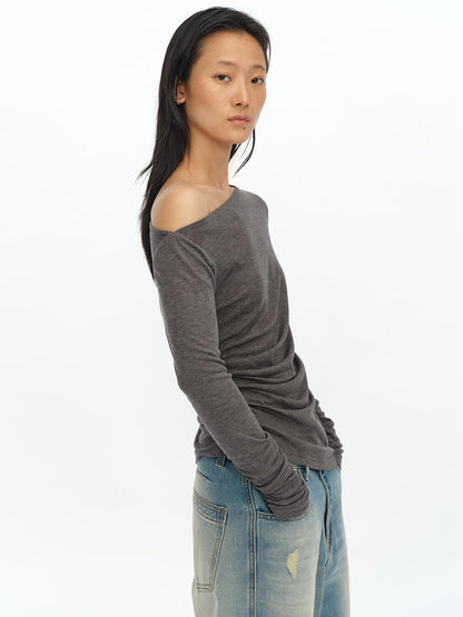 oinimi Asymmetric Ruffle Sleeve Top In Black Gray Oatmeal