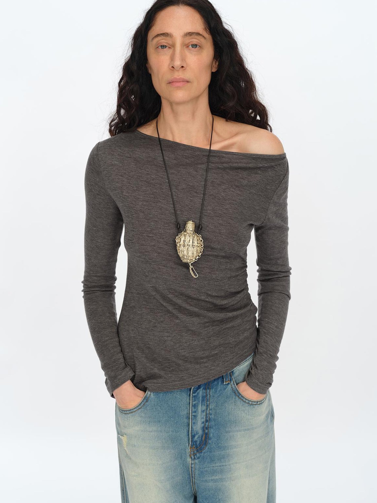 oinimi Asymmetric Ruffle Sleeve Top In Black Gray Oatmeal