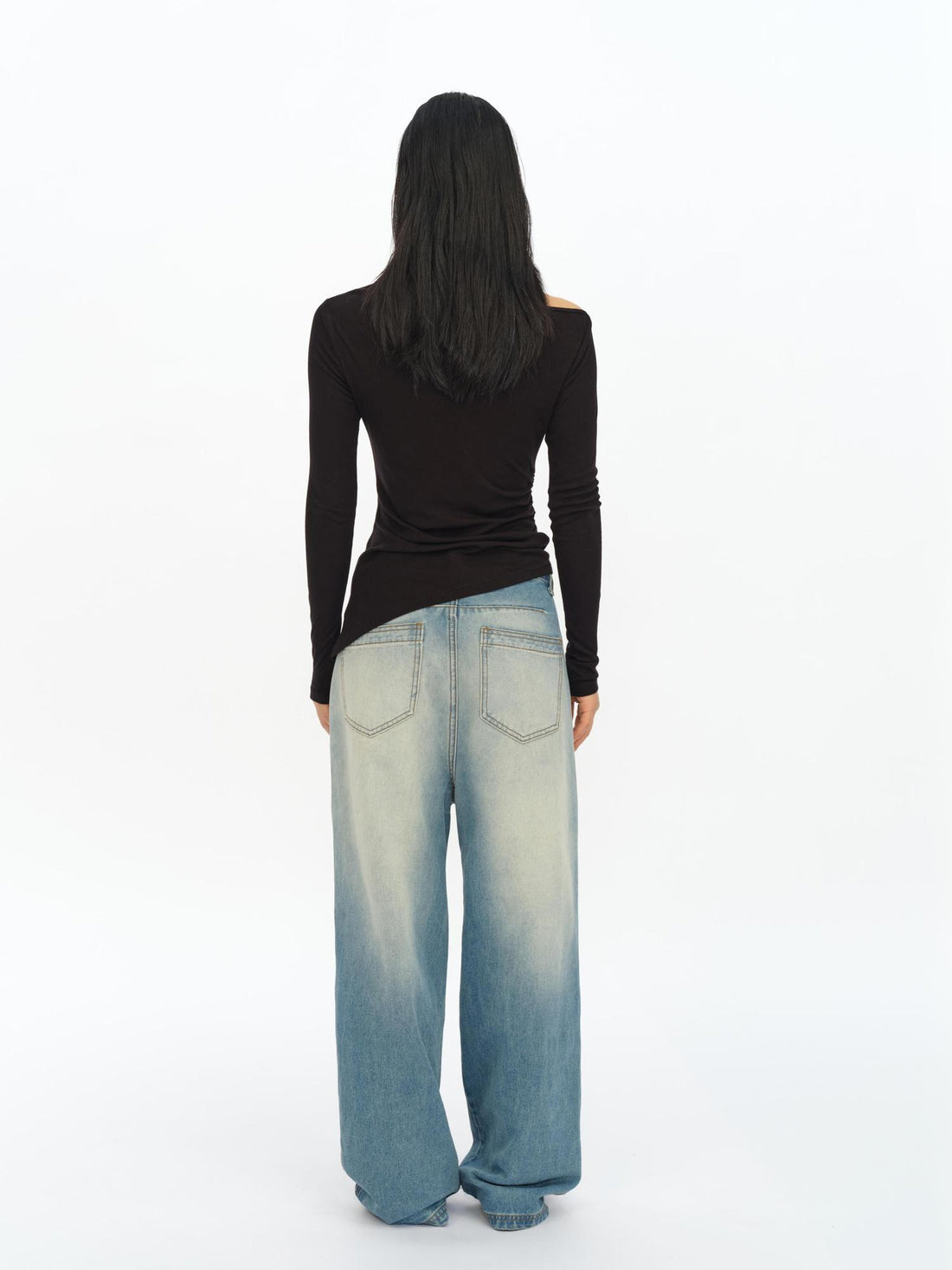 oinimi Asymmetric Ruffle Sleeve Top In Black Gray Oatmeal