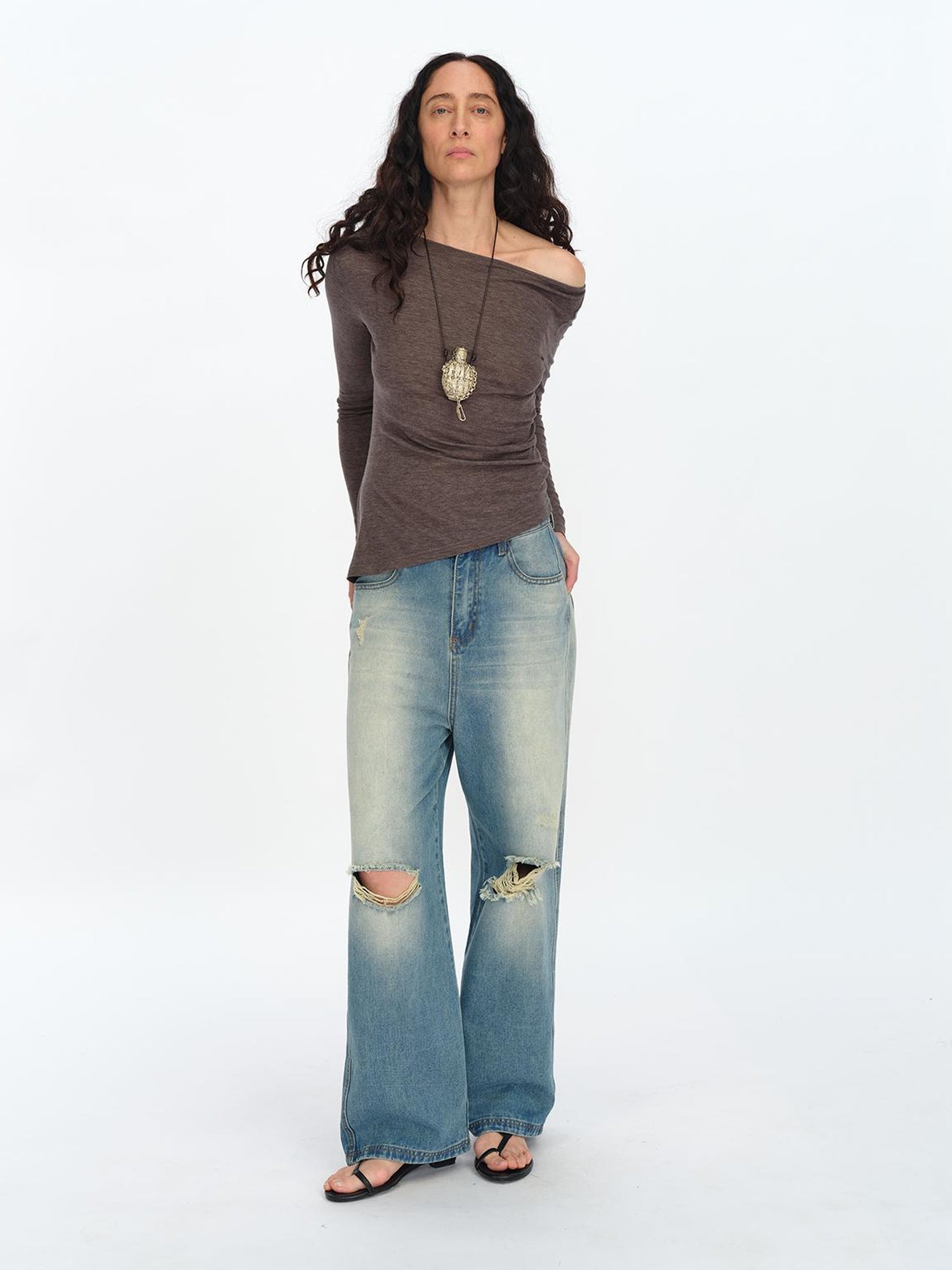 oinimi Asymmetric Ruffle Sleeve Top In Black Gray Oatmeal