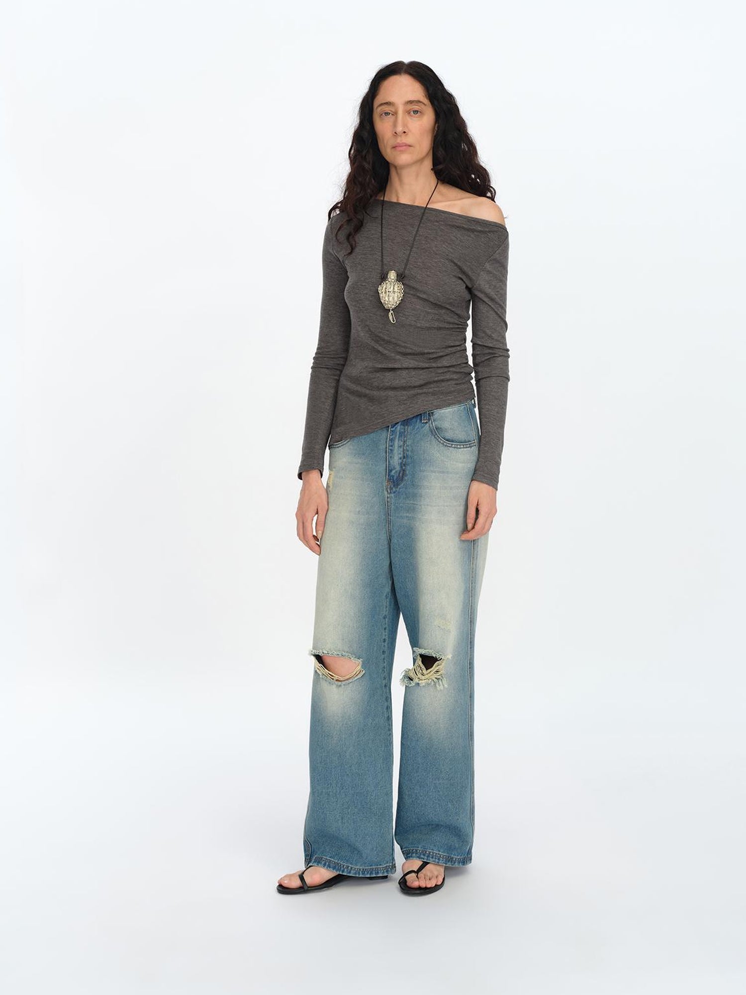 oinimi Asymmetric Ruffle Sleeve Top In Black Gray Oatmeal