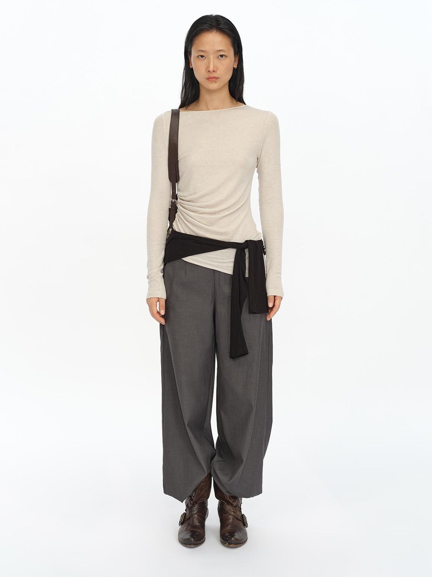 oinimi Asymmetric Ruffle Sleeve Top In Black Gray Oatmeal