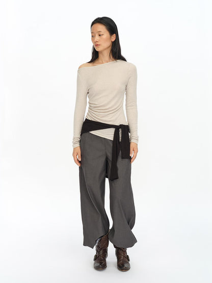 oinimi Asymmetric Ruffle Sleeve Top In Black Gray Oatmeal
