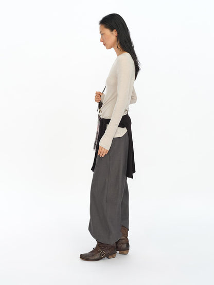oinimi Asymmetric Ruffle Sleeve Top In Black Gray Oatmeal