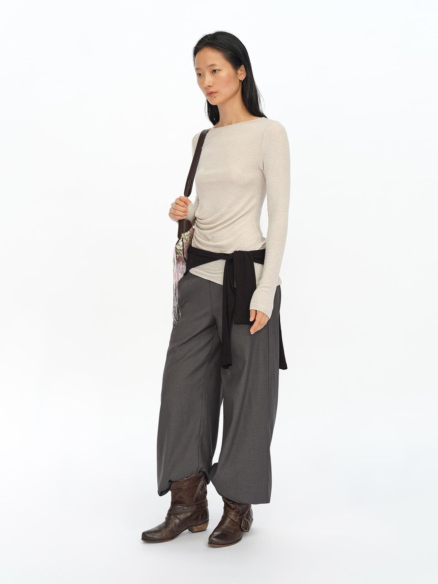 oinimi Asymmetric Ruffle Sleeve Top In Black Gray Oatmeal