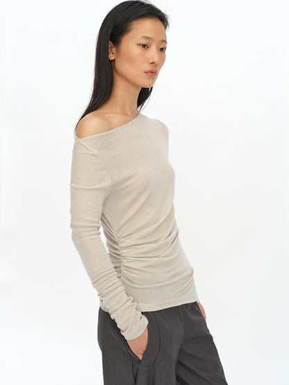 oinimi Asymmetric Ruffle Sleeve Top In Black Gray Oatmeal