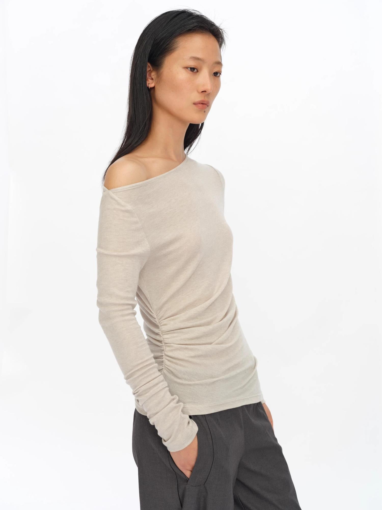 oinimi Asymmetric Ruffle Sleeve Top In Black Gray Oatmeal