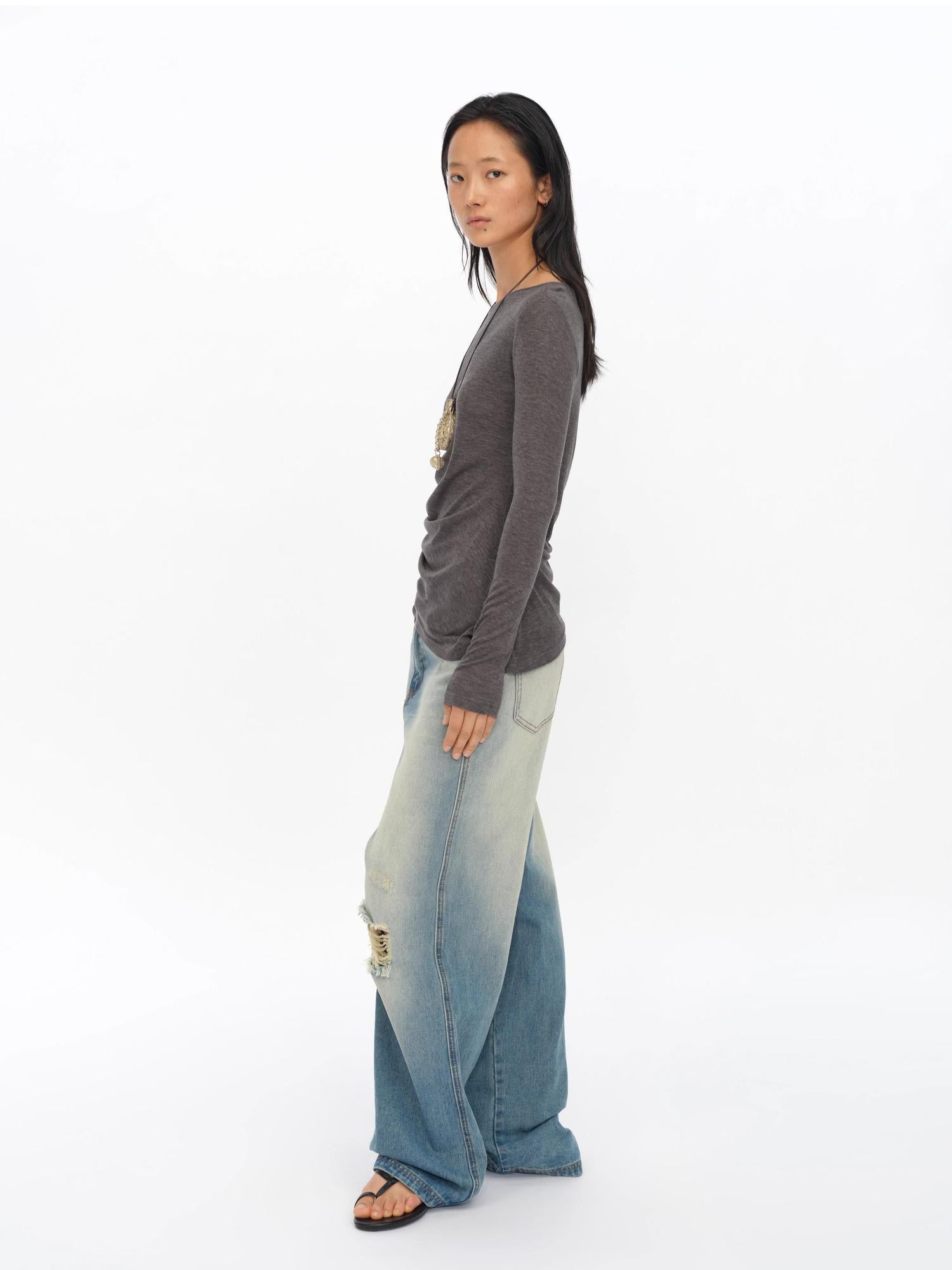 oinimi Asymmetric Ruffle Sleeve Top In Black Gray Oatmeal