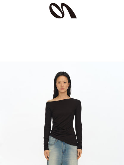 oinimi Asymmetric Ruffle Sleeve Top In Black Gray Oatmeal