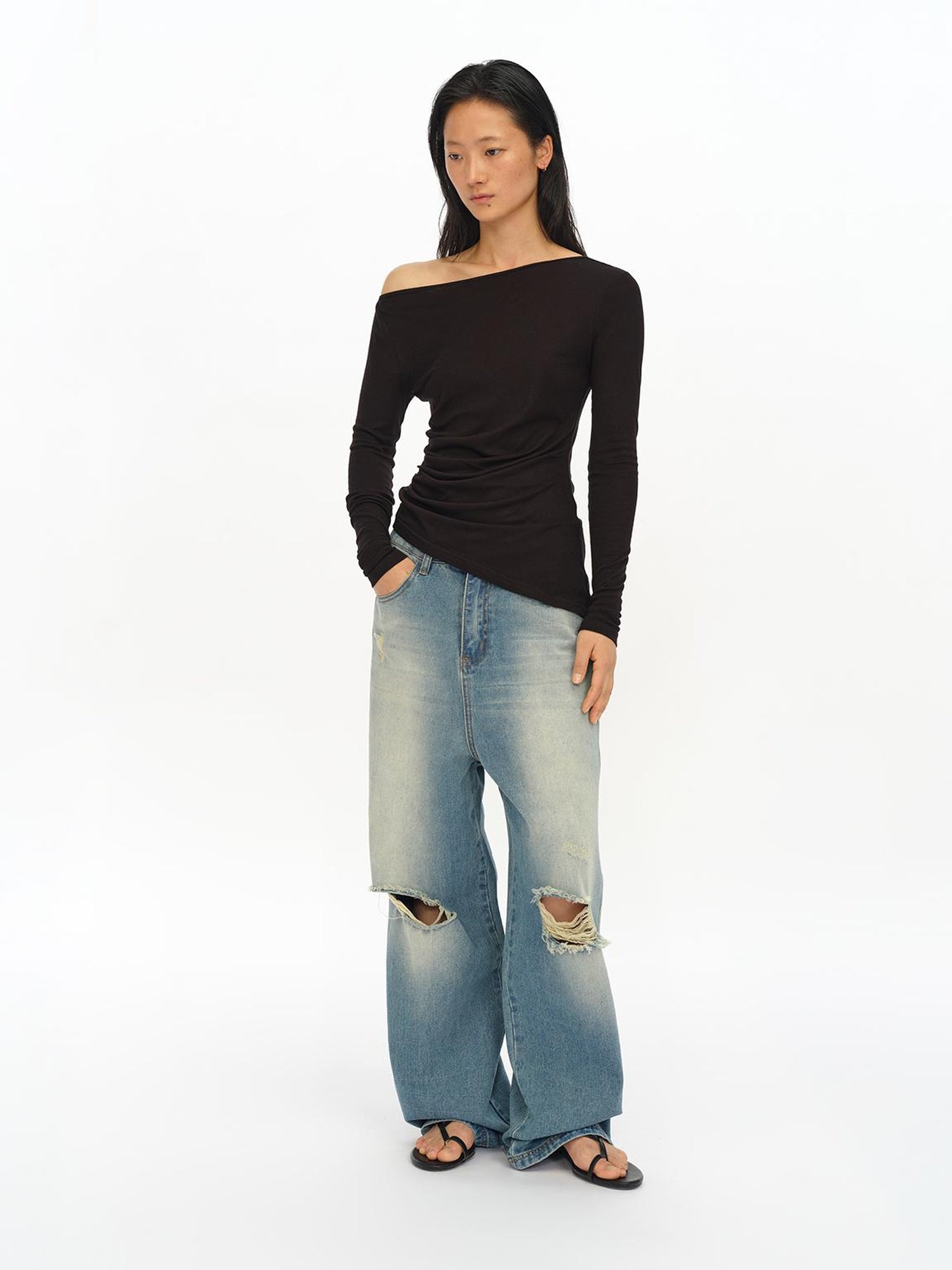 oinimi Asymmetric Ruffle Sleeve Top In Black Gray Oatmeal