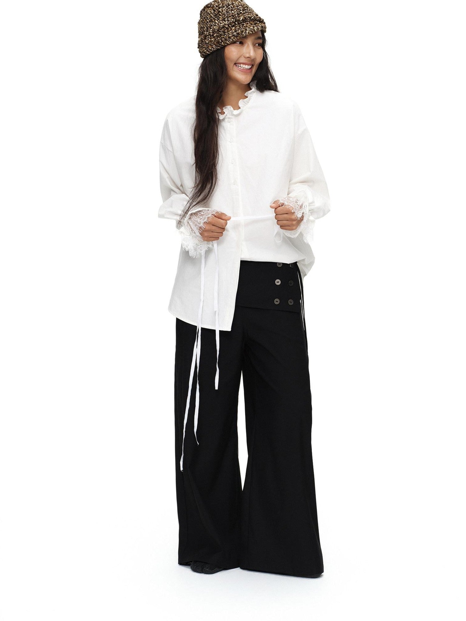 oinimi Black Button Detail Detachable Skirt Straight Women&