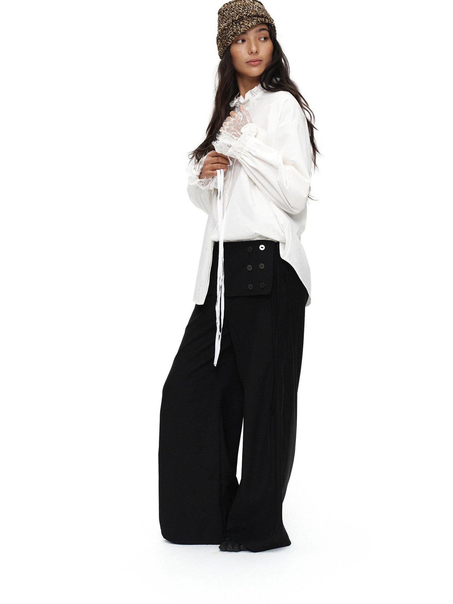 oinimi Black Button Detail Detachable Skirt Straight Women&