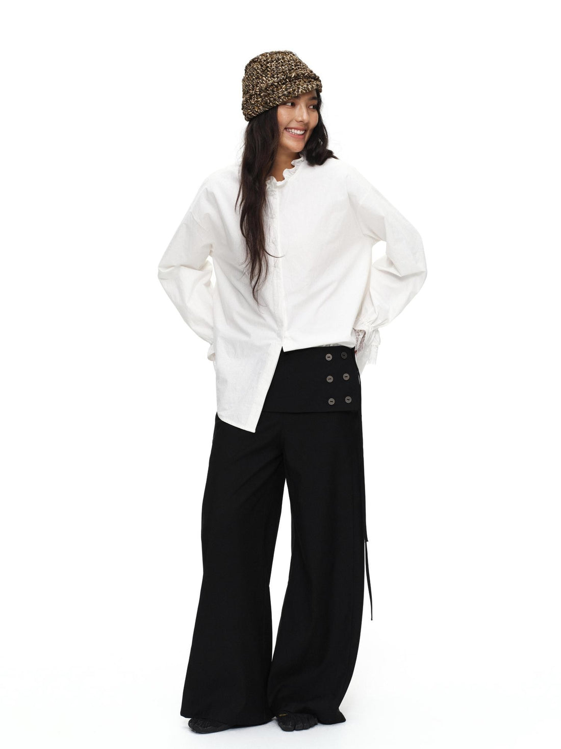 oinimi Black Button Detail Detachable Skirt Straight Women&
