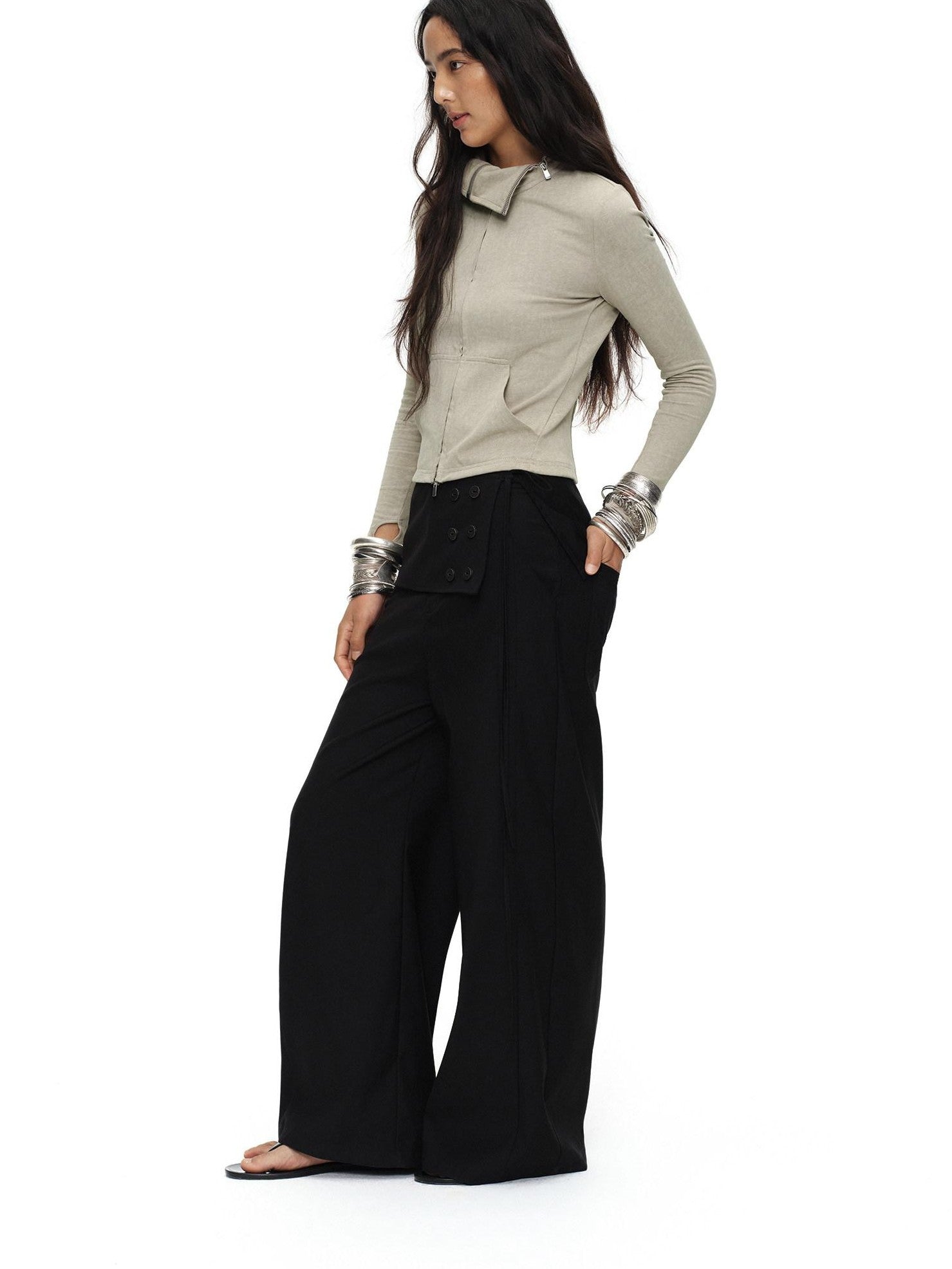 oinimi Black Button Detail Detachable Skirt Straight Women&