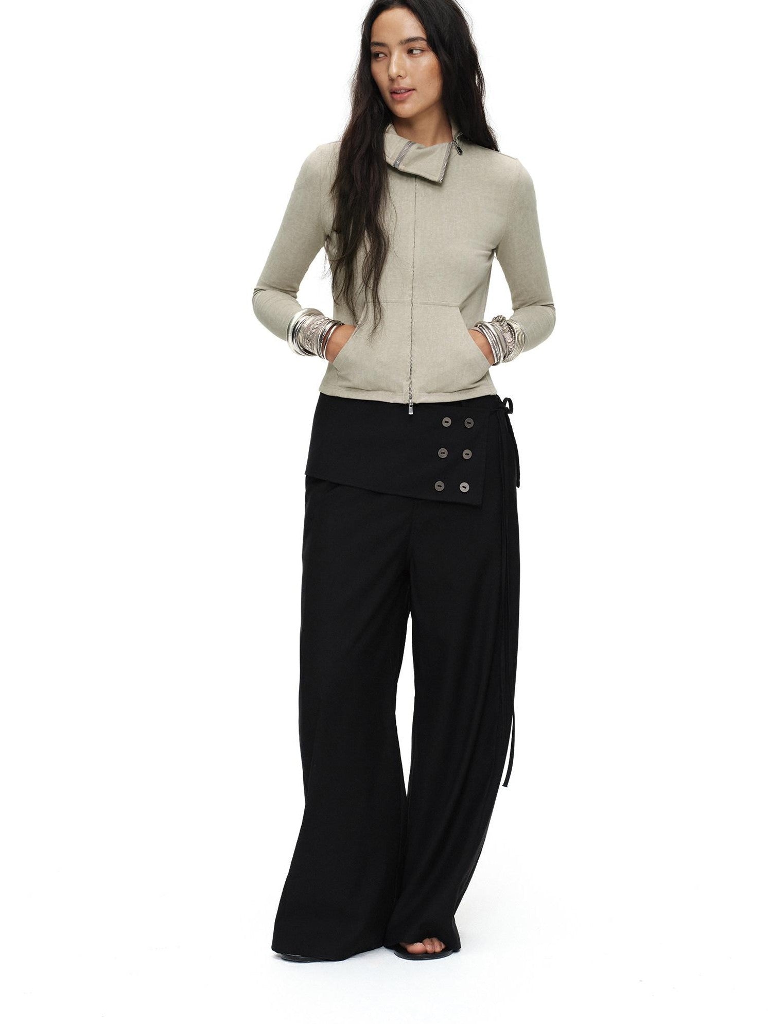 oinimi Black Button Detail Detachable Skirt Straight Women&