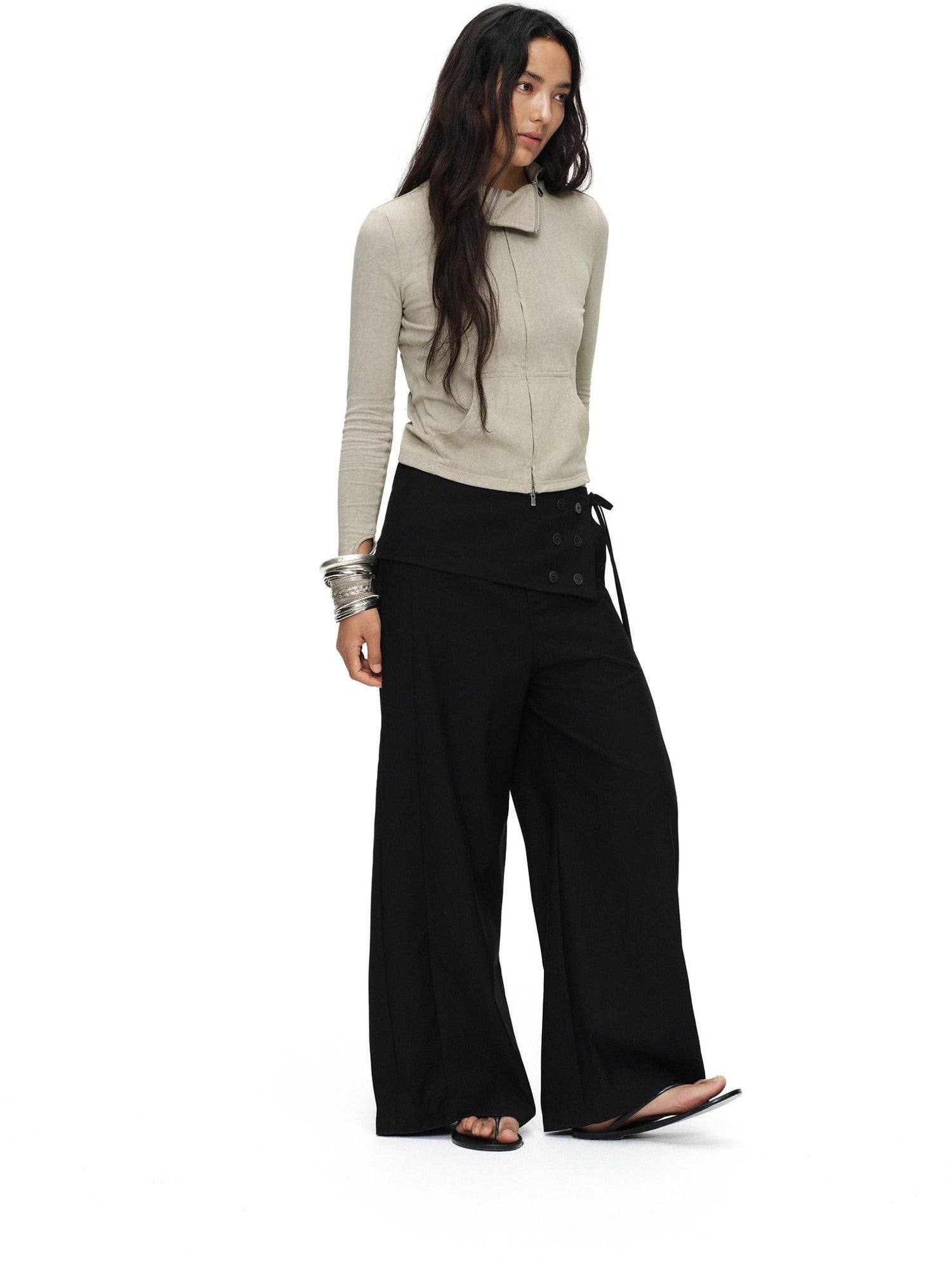 oinimi Black Button Detail Detachable Skirt Straight Women&