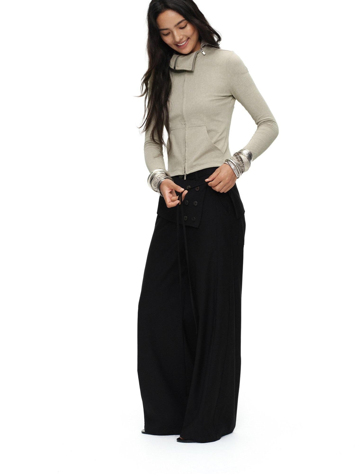 oinimi Black Button Detail Detachable Skirt Straight Women&