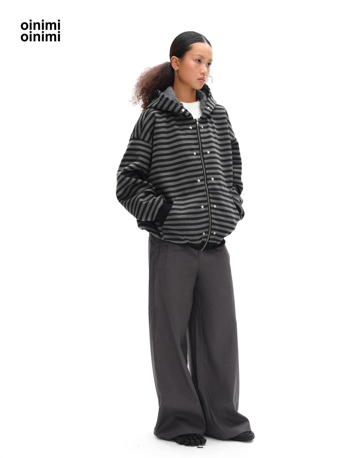 oinimi Black Grey Striped Loose Fit Women&