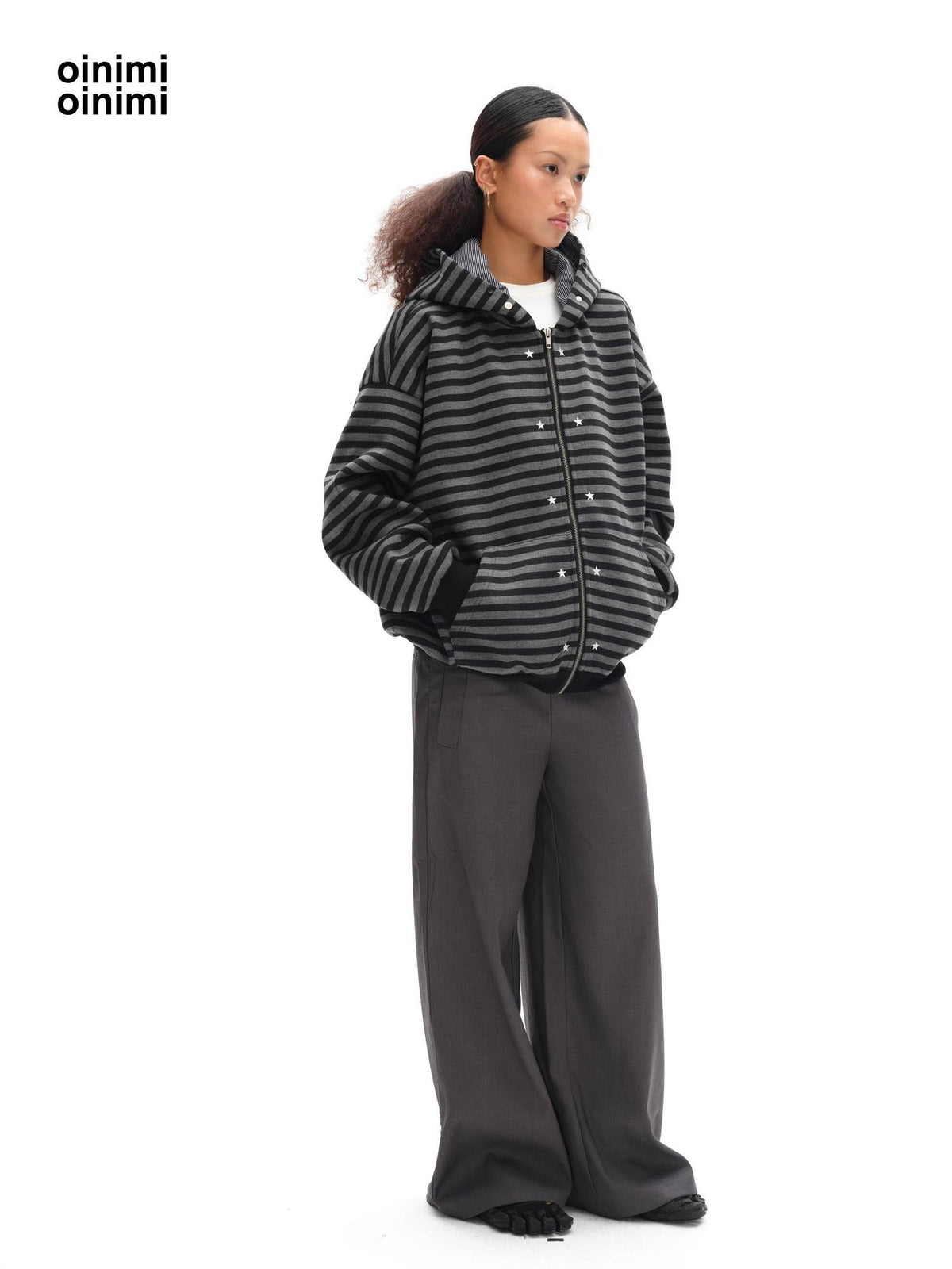 oinimi Black Grey Striped Loose Fit Women&