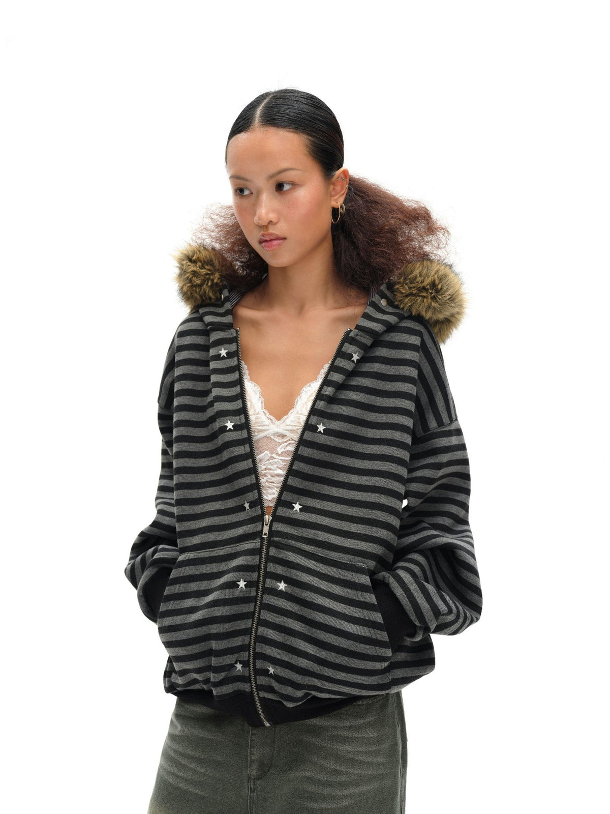 oinimi Black Grey Striped Loose Fit Women&