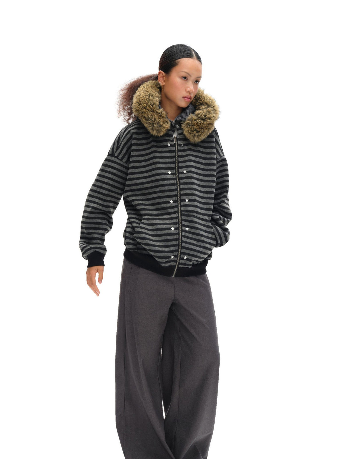 oinimi Black Grey Striped Loose Fit Women&