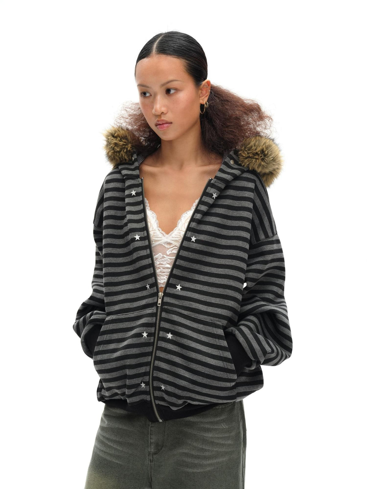 oinimi Black Grey Striped Loose Fit Women&