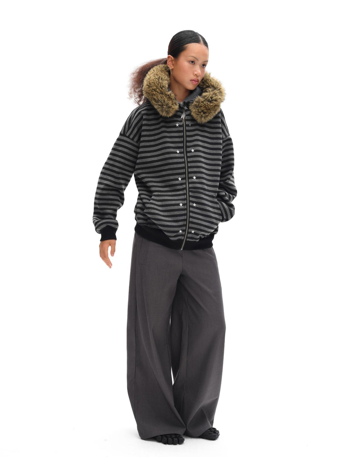 oinimi Black Grey Striped Loose Fit Women&