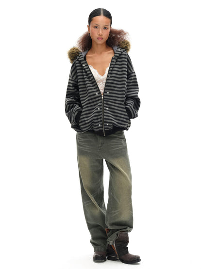 oinimi Black Grey Striped Loose Fit Women&